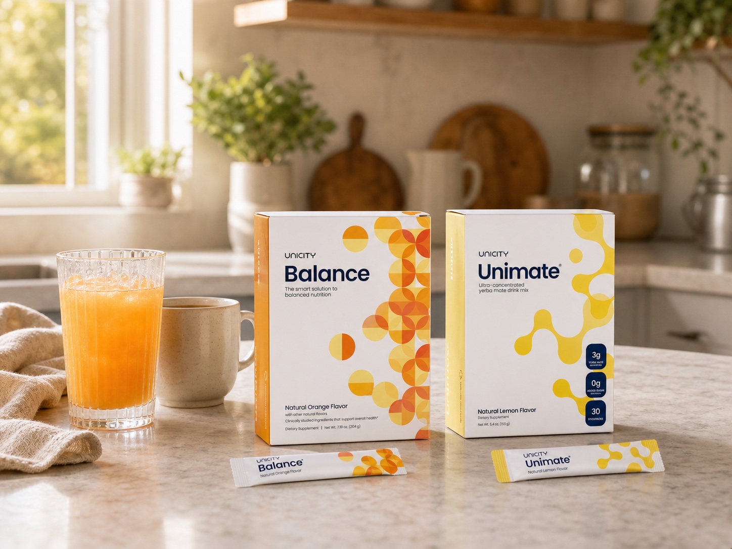 Boîtes Unicity Balance orange et Unimate citron posées dans une cuisine, avec un verre et une tasse.