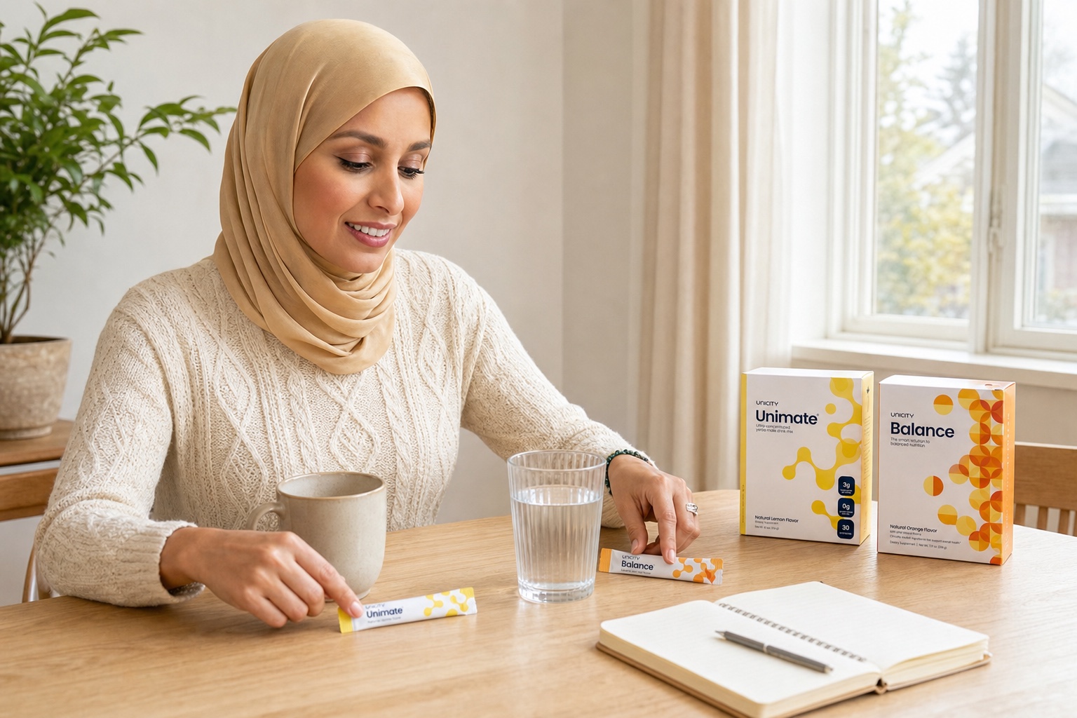 Ishane organise Unimate, Balance, une tasse et un verre d’eau sur une table près d’une fenêtre.