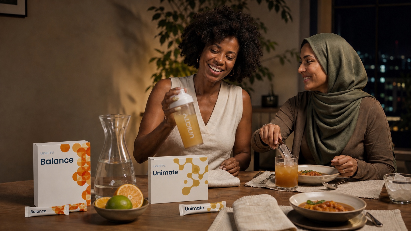 Deux femmes préparent leur rituel Unicity autour d’une table, dans un moment de vie quotidien.